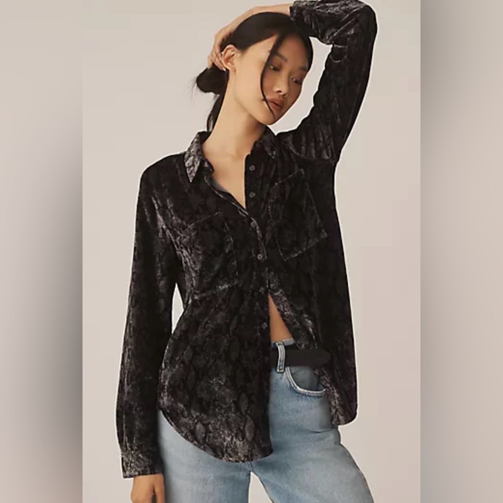 Anthropologie Pilcro Hadley Relaxed Black Velvet Button Down Shirt